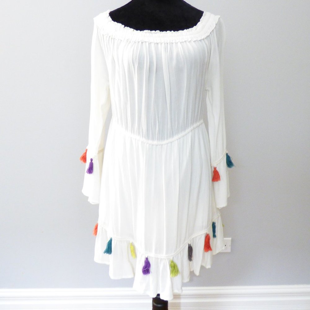 Off the Shoulder Gauze Dress with Tassels